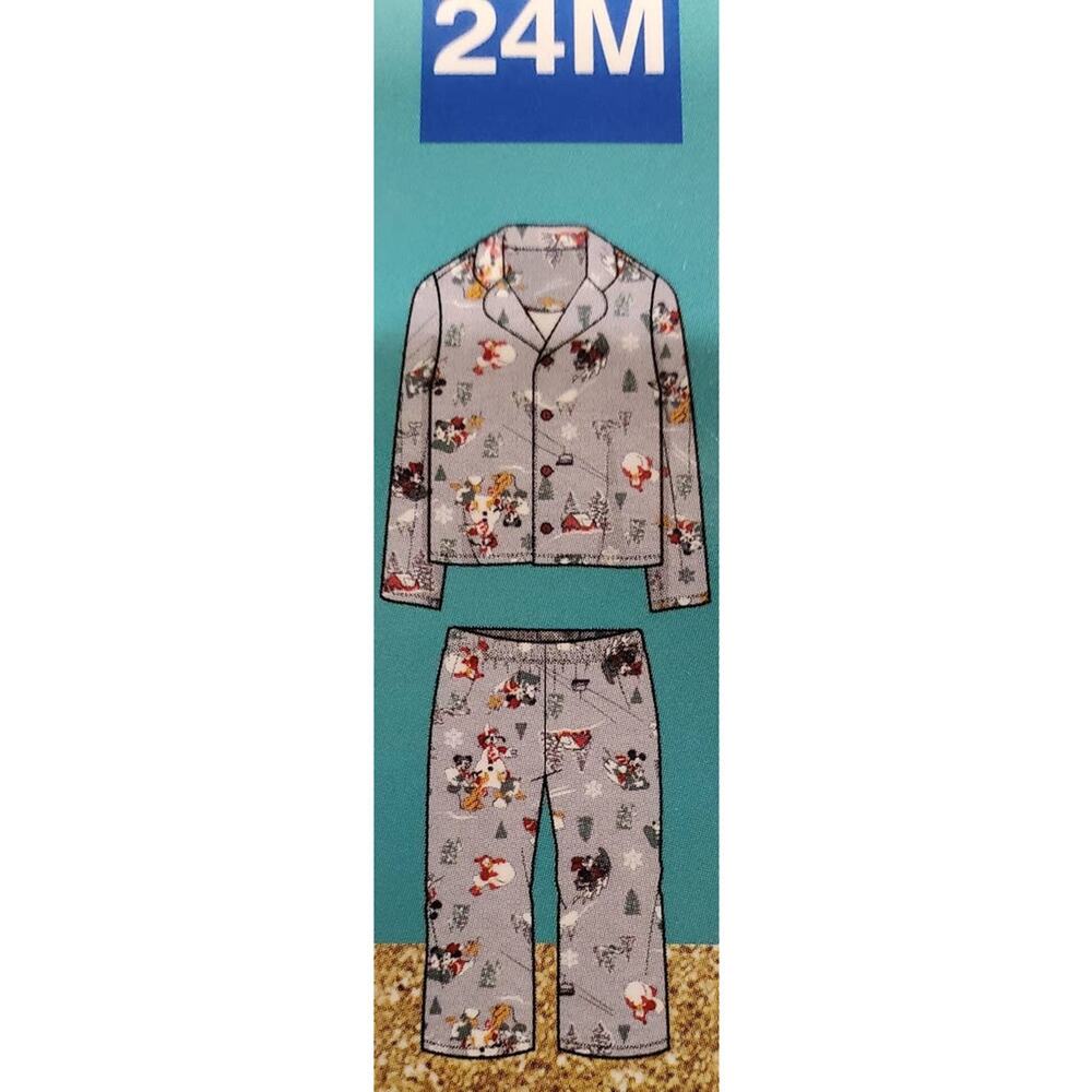 DISNEY'S 2 pc Pajama Set / Button Down Shirt Gray Christmas Mickey Goofy 24m New